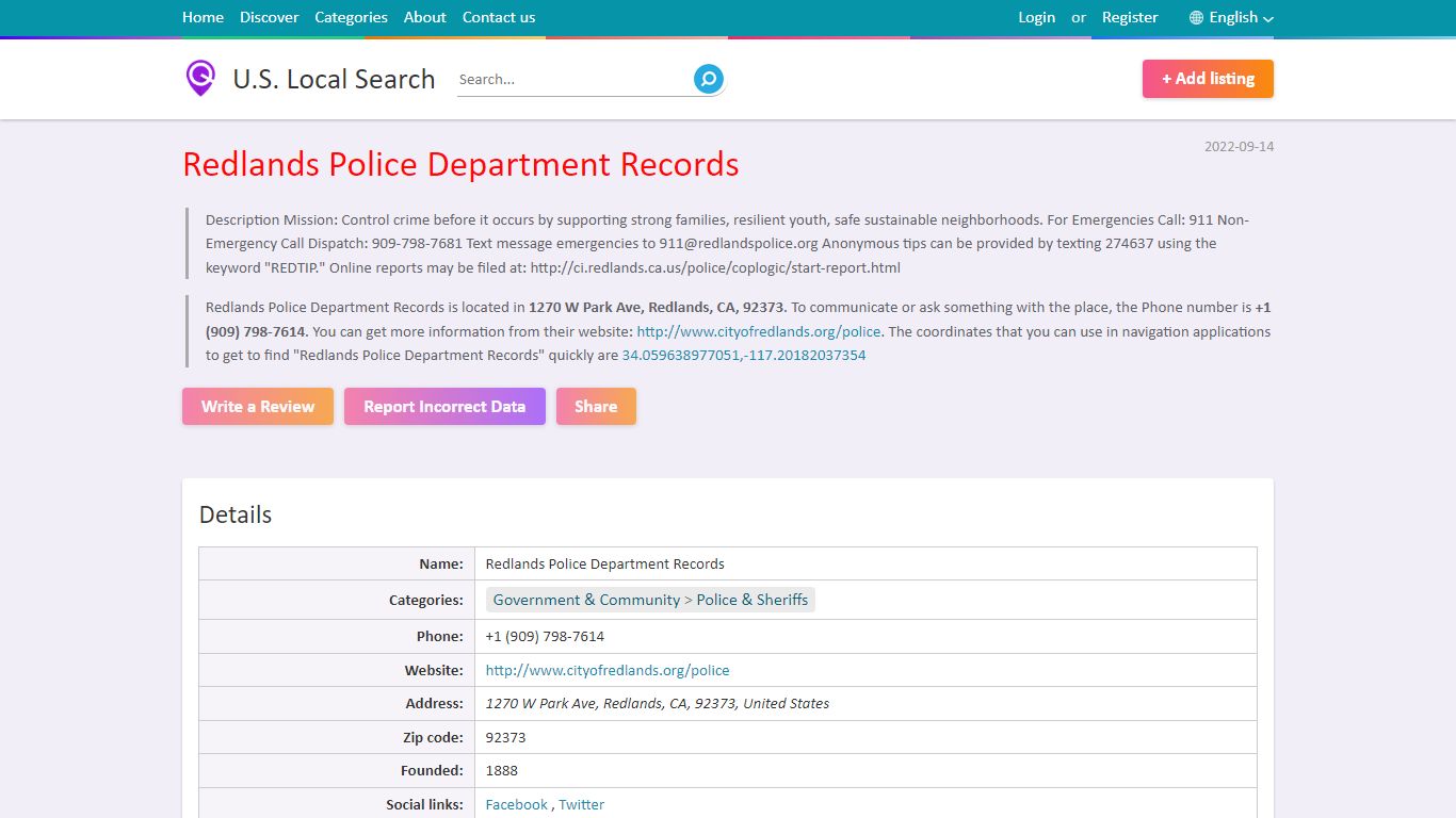 Redlands Police Department Records | 1270 W Park Ave, Redlands, CA, 92373